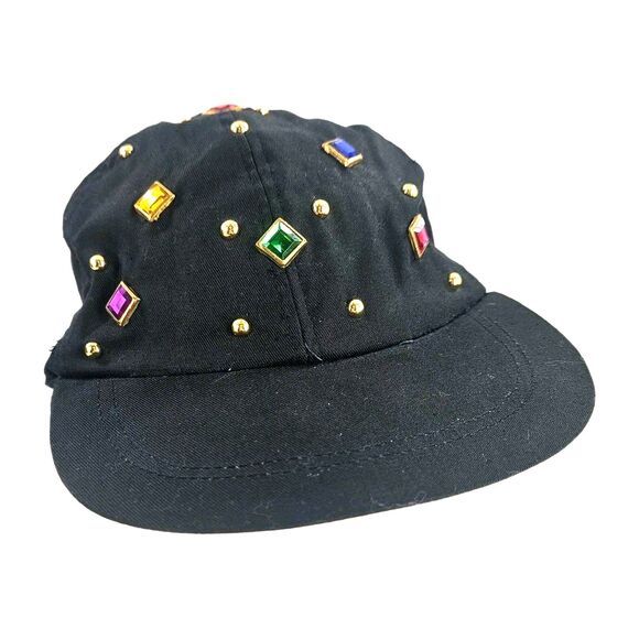 Vintage 80s/90s Black Colorful Rhinestones Gold Studded Cap One Size Cotton Hat